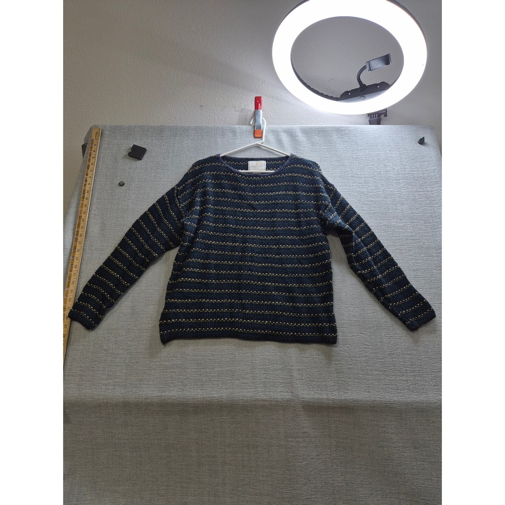 Express Tricot Sweater Womens Small Blue Striped Ramie Chunky Knit Boat Neck